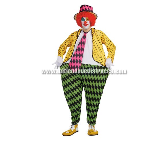 Disfraz de Payaso Gordo adulto. Talla única 50/54. Incluye gorro y traje con aro. Peluca NO incluida, podrás verla en la sección Complementos.