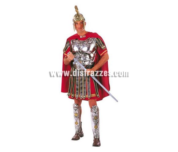 Disfraz de Romano Extralujo. Alta calidad en telas y acabados. Fabricado en España. Disponible en varias tallas. Incluye capa, cinturón, polainas, túnica, casco y coraza. Espada NO incluida, podrás verla en la sección Complementos. Disfraz de Centurión Romano para Navidad.