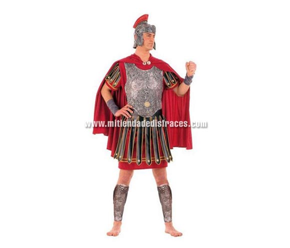 Disfraz de Romano látex Extralujo. Alta calidad en telas y acabados. Fabricado en España. Disponible en varias tallas. Incluye capa, cinturón, puños, polainas, túnica y casco y coraza de látex. Disfraz de Centurión Romano para hombre.