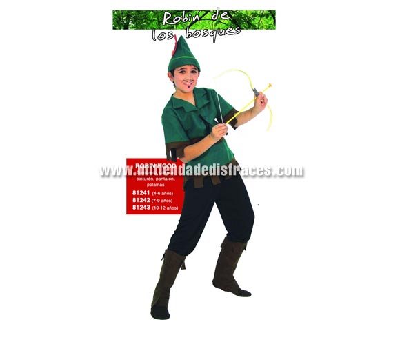 Disfraz de Robin de los Bosques infantil. Talla de 10 a 12 años. Incluye sombrero, casaca, cinturón, pantalón y cubrebotas. Arco y flecha NO incluidos, podrás verlos en la sección Complementos. Disfraz de Robin Hood para niño.