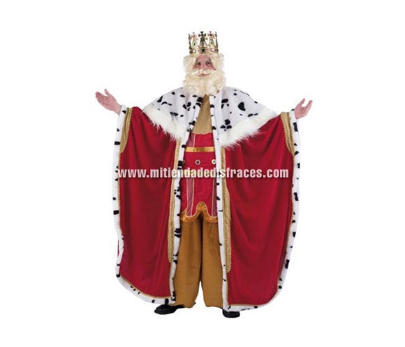 Disfraz de Rey Melchor Extralujo. Alta calidad en telas y acabados. Fabricado en España. Disponible en varias tallas. Incluye pantalón, capa, cinturón, casaca, peluca, barba y corona. Disfraz de Rey Mago para Cabalgata de Reyes de Ayuntamientos, etc.