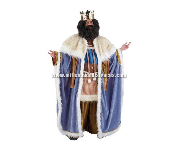 Disfraz de Rey Gaspar Extralujo. Alta calidad en telas y acabados. Fabricado en España. Disponible en varias tallas. Incluye pantalón, capa, cinturón, casaca, peluca, barba y corona. Disfraz de Rey Mago Gaspar para Cabalgatas de Reyes de Ayuntamientos, etc.