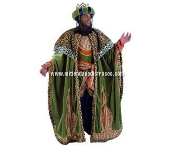 Disfraz de Rey Baltasar Extralujo. Alta calidad en telas y acabados. Fabricado en España. Disponible en varias tallas. Incluye pantalón, capa, cinturón, turbante y casaca. Disfraz de Rey Mago Baltasar para Cabalgatas de Reyes de Ayuntamientos, etc.