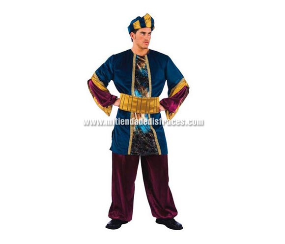 Disfraz de Paje del Rey Melchor Extralujo. Alta calidad en telas y acabados. Fabricado en España. Disponible en varias tallas. Incluye pantalón, gorro, cinturón y casaca.  También se puede usar como disfraz de Árabe o Hindú.