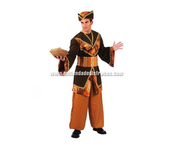 Disfraz de Paje del Rey Gaspar Extralujo. Alta calidad en telas y acabados. Fabricado en España. Disponible en varias tallas. Incluye pantalón, gorro, cinturón y casaca. También se puede usar como de Disfraz de Árabe o Hindú.