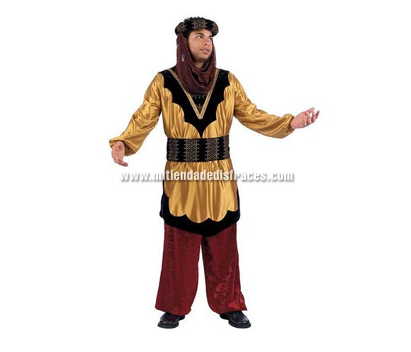 Disfraz de Paje del Rey Baltasar Extralujo. Alta calidad en telas y acabados. Fabricado en España. Disponible en varias tallas. Incluye pantalón, cinturón, turbante y casaca. También se puede usar como Disfraz de Árabe o Hindú.