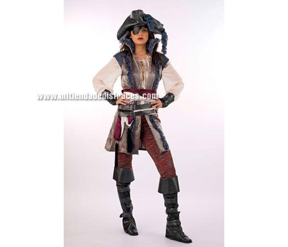 Disfraz de Pirata Corsaria Extralujo. Alta calidad en telas y acabados. Fabricado en España. Disponible en varias tallas. Incluye camisa, pantalón, cinturón, cubrebotas, sombrero, casaca, fajín y parche.