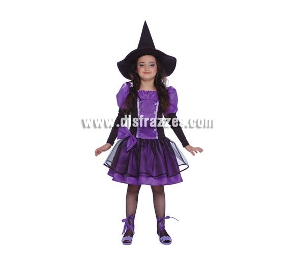 Disfraz de Bruja para Halloween de color lila para niña barato. Talla de 4 a 6 años. Incluye vestido y sombrero, zapatos NO incluidos.