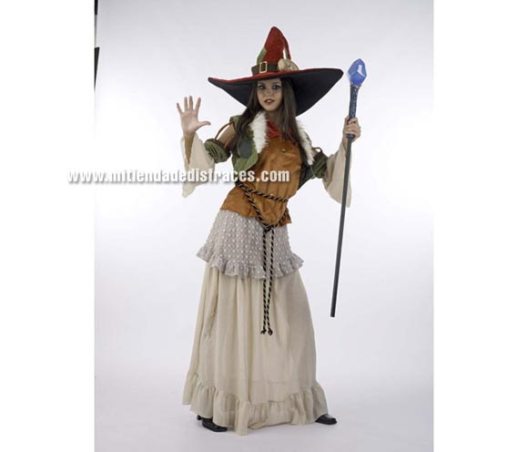 Disfraz de Bruja Hechicera Extralujo. Alta calidad en telas y acabados. Fabricado en España. Disponible en varias tallas. Incluye camisa, falda, gorro, cinturón y chaleco. Bastón NO incluido.