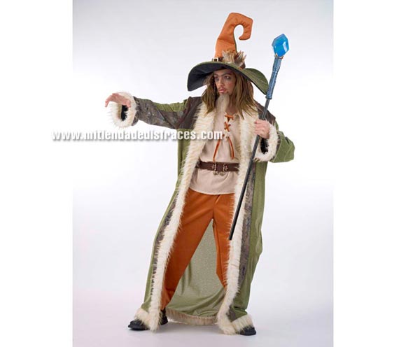 Disfraz de Brujo Hechicero Extralujo. Alta calidad en telas y acabados. Fabricado en España. Disponible en varias tallas. Incluye camisa, pantalón, gorro, cinturón y abrigo. Bastón NO incluido.