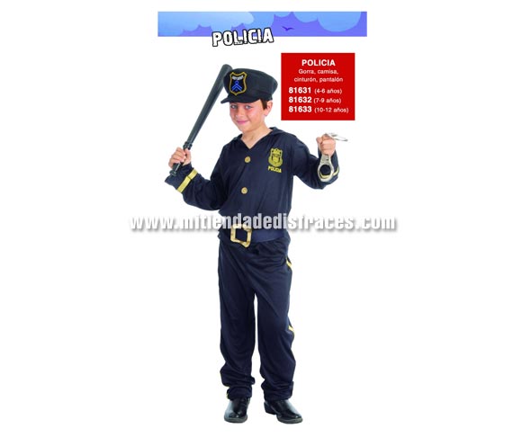 Disfraz de Policía infantil. Talla de 4 a 6 años. Incluye gorra, camisa, cinturón y pantalón. Porra y esposas NO incluidas, podrás verlas en la sección Complementos.