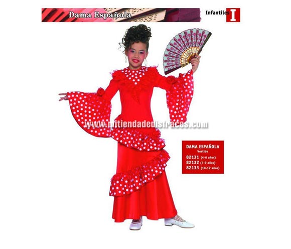 Disfraz de Dama Española Infantil de 4 a 6 años. Incluye vestido. Abanico NO incluido. Disfraz de Flamenca o Sevillana para niña.
