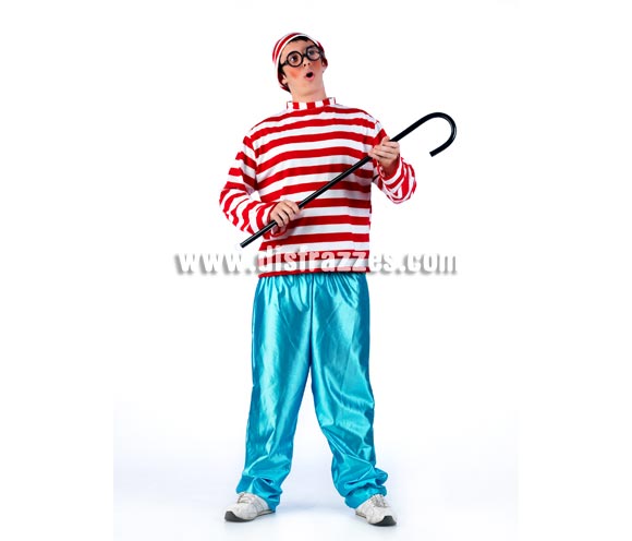 Disfraz de Wally Adulto. Disponible en varias tallas. Incluye gorro, camiseta a rayas y pantalón. Gafas NO incluidas, podrás verlas en la sección de Complementos con refs. 112SR ó también la 16232GUI. Confeccionado por nosotros. 
Fabricado en tela de rasete.