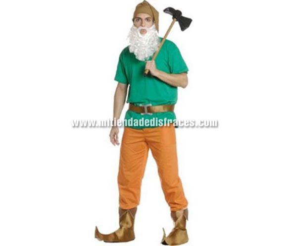 Disfraz de Enanito Adulto. Disponible en varias tallas. Incluye gorro, camisa, cinturón, pantalón y cubrebotas. Barba y hacha NO incluidas, podrás ver barbas en la sección de Pelucas, Barbas y Bigotes.