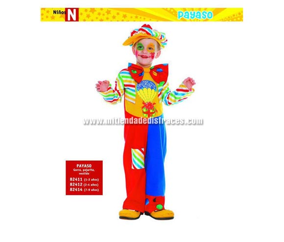 Disfraz de Payaso Baby. Talla de 2 a 4 años. Incluye gorra, pajarita y vestido. Zapatones NO incluidos, podrás verlos en la sección de Complementos.