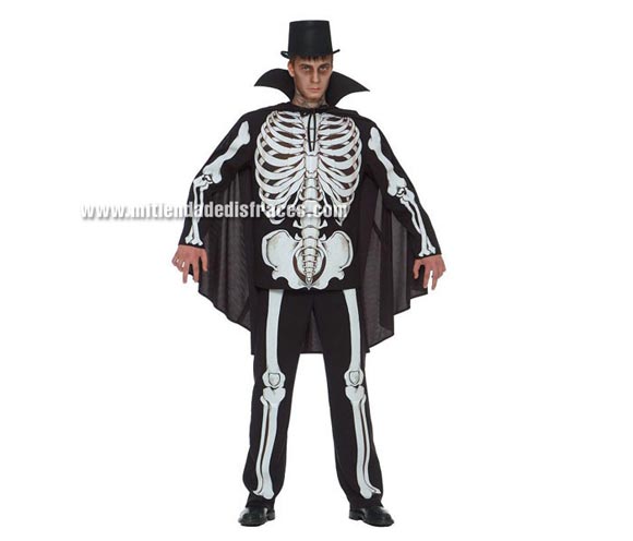 Disfraz de Esqueleto Adulto Económico. Talla única 54/56. Incluye vestido y capa. Sombrero NO incluido, podrás verlo en la sección de Complementos.