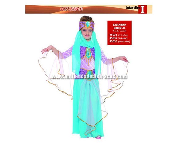 Disfraz de Bailarina Oriental infantil. Talla de 10 a 12 años. Incluye tocado y vestido. Disfraz de Danza del vientre.