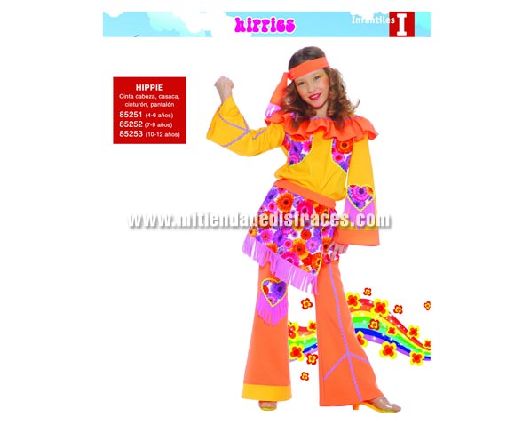 Disfraz de Hippie infantil. Talla de 10 a 12 años. Incluye cinta de la cabeza, casaca, cinturón y pantalón. Disfraz de Hippie para niña.