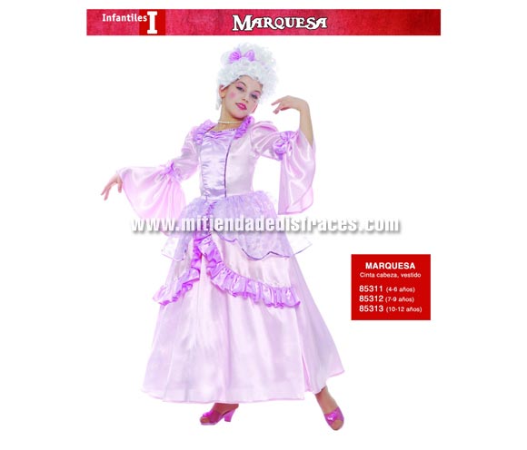 Disfraz de Marquesa infantil. Talla de 10 a 12 años. Incluye cinta de la cabeza y vestido. Peluca y zapatos NO incluidos, podrás verlos en la sección Complementos. Disfraz de Dama de época para niña. ¡¡Compra tu disfraz para Carnaval en nuestra tienda de disfraces, será divertido!!