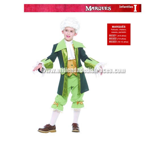 Disfraz de Marqués infantil. Talla de 4 a 6 años. Incluye pañuelo, chaleco, casaca y pantalón. Peluca NO incluida, podrás verla en la sección Complementos. Disfraz de Caballero de Época para niño.