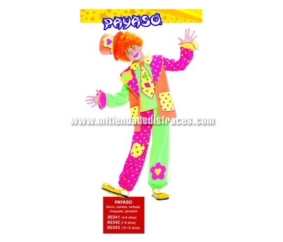 Disfraz de Payaso infantil. Talla de 7 a 9 años. Incluye gorro, camisa, corbata, chaqueta y pantalón. Peluca y Zapatones NO incluidos, podrás verlos en la sección Complementos.