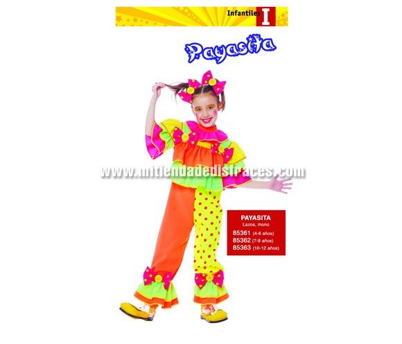 Disfraz de Payasa infantil. Talla de 4 a 6 años. Incluye lazos para el pelo y el mono. Zapatones NO incluidos, podrás verlos en la sección Complementos.