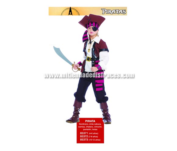 Disfraz de Pirata infantil. Talla de 10 a 12 años. Incluye sombrero, cinta de la cabeza, camisa, chaleco, cinturón, pantalón y cubrebotas. Accesorios NO incluidos, podrás verlos en la sección Complementos.