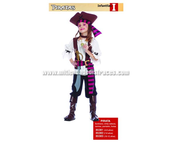 Disfraz de Pirata infantil. Talla de 4 a 6 años. Incluye sombrero, cinta de la cabeza, camisa, pantalón y cubrebotas. Accesorios NO incluidos, podrás verlos en la sección Complementos. Disfraz de Pirata para niña.