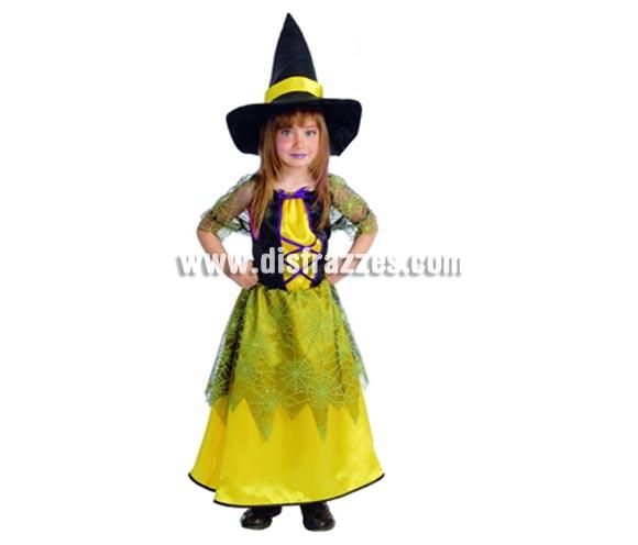 Disfraz de Bruja amarilla para Halloween infantil. Talla de 10 a 12 años. Incluye vestido y gorro o sombrero de Bruja.