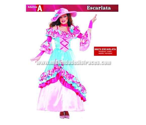 Disfraz de Escarlata adulta. Talla única 38/42. Invlcluye sombrero, cinta del cuello, vestido y manoplas. Disfraz de Escarlata para mujer