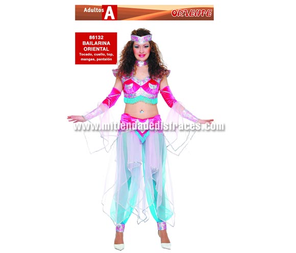 Disfraz de Bailarina Oriental adulta. Talla única 38/42. Incluye tocado de la cabeza, tocado del cuello, top, mangas y pantalón con velos. Disfraz de Bailarina del vientre o Bailarina Árabe para mujer.