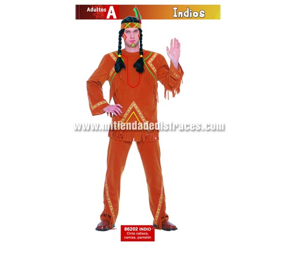 Disfraz de Indio adulto. Talla única 50/54. Incluye cinta de la cabeza, camisa y pantalón.Peluca de trenzas NO incluida, podrás verla en la sección Complementos. Disfraz de Indio para hombre.