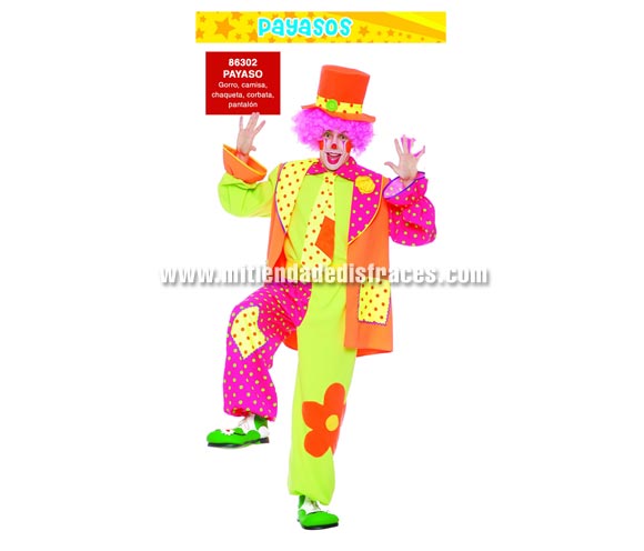 Disfraz de Payaso adulto. Talla única 50/54. Incluye gorro, camisa, chaqueta, corbata y pantalón. Peluca y zapatones NO incluidos, podrás verlos en la sección Complementos.