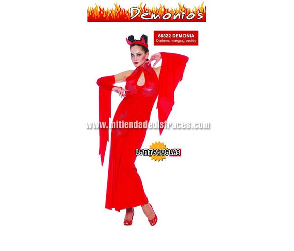 Disfraz de Diablesa o Demonia Adulta. Talla única 42/44. Incluye diadema, mangas y vestido.