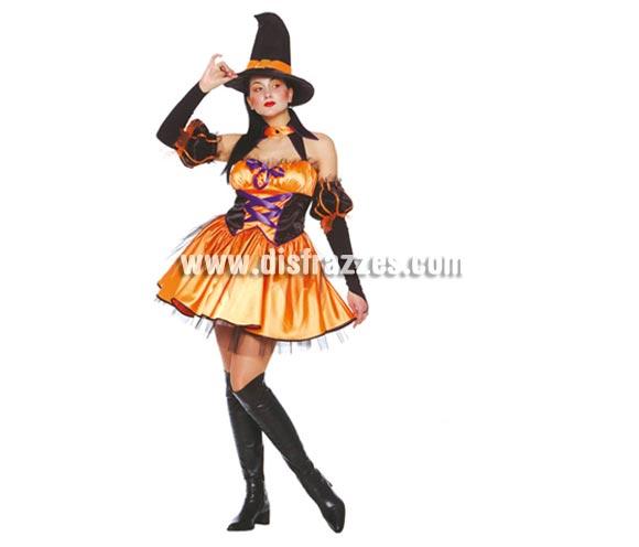 Disfraz de Bruja Sexy naranja adulta para Halloween. Talla única válida hasta la 42/44. Incluye gorro, cuello, mangas y vestido.