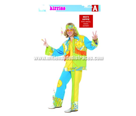 Disfraz de Hippie adulto. Talla única 50/54. Incluye cinta de la cabeza, casaca y pantalón. Peluca, collar y gafas NO incluidos, podrás velos en la sección Complementos.