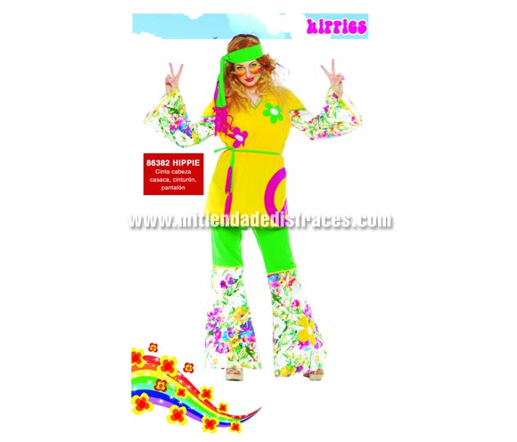 Disfraz de Hippie adulta. Talla única 38/44. Incluye cinta de la cabeza, casaca, cinturón y pantalón. Gafas NO incluidas, podrás ver gafas de Hippies en la sección Complementos.