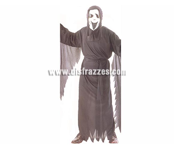Disfraz de Fantasma Adulto Económico. Talla única 52/56. Incluye túnica, cinturón y máscara con capucha. Como éste disfraz no está en talla de mujer, podéis comprar ésta referencia y arreglarlo en el caso de que no os quede bien.