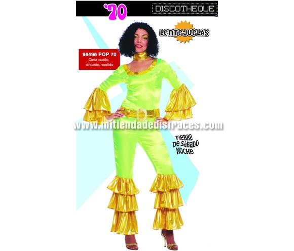 Disfraz de Mujer POP años 70. Talla única 38/42. Incluye cinta del cuello, cinturón y mono. Un disfraz muy llamativo para mujer. Disfraz de Fiebre del sábado noche para mujer.