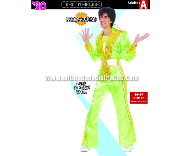 Disfraz de Hombre Pop Años 70. Talla única 50/54. Incluye mono y cinturón. Disfraz muy llamativo para no pasar desapercibido. Disfraz de Fiebre del sábado noche para hombre.