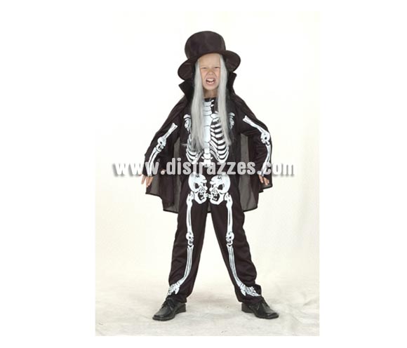 Disfraz de Eskeleton Económico talla de 7 a 9 años. Incluye sombrero, mono y capa. Disfraz de esqueleto para niño.