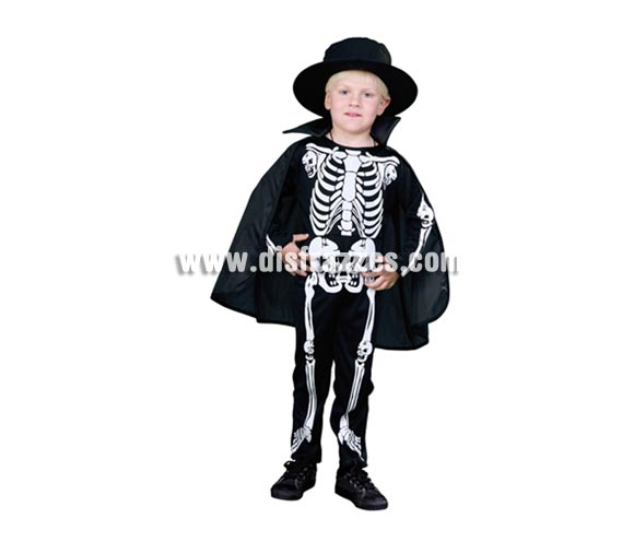 Disfraz de Eskeleton Económico talla de 3 a 4 años. Incluye sombrero, mono y capa. Disfraz de esqueleto para niños.