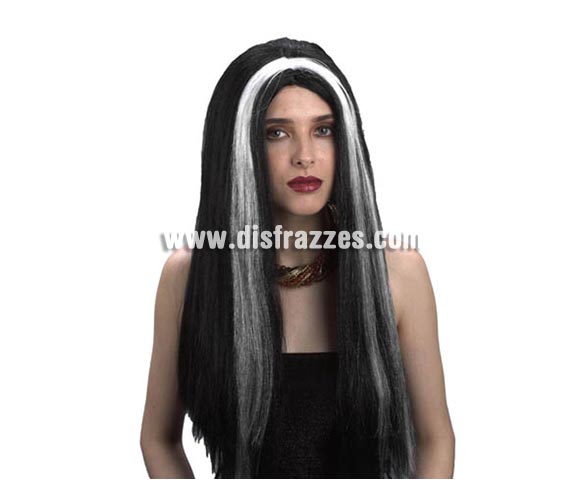 Peluca morena con mechas blancas adulta para Halloween. Talla estándar. Peluca de Morticia para mujer en Halloween.
