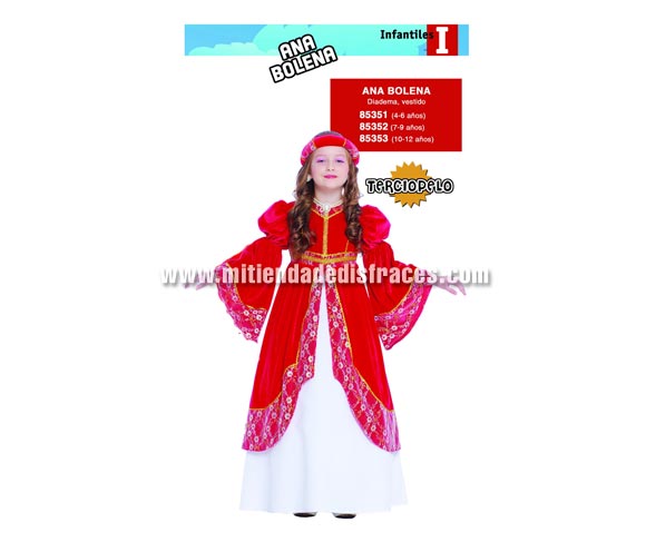 Disfraz de Ana Bolena Infantil talla de 7 a 9 años. Incluye diadema y vestido. Disfraz Medieval para niña.