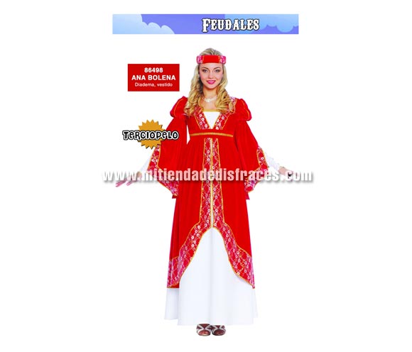Disfraz de Ana Bolena Adulta. Talla única 40/44. Incluye diadema y vestido. Disfraz de Dama Medieval para mujer. Traje de Doncella Medieval para mujer. Ideal para Ferias Medievales y para Teatro.