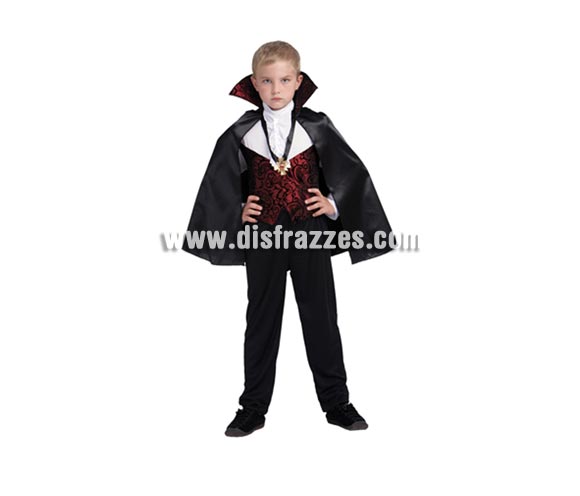 Disfraz de Drácula barato talla de 5 a 6 años. Incluye capa con cuello, camisa con chaleco, pantalón y medallón.