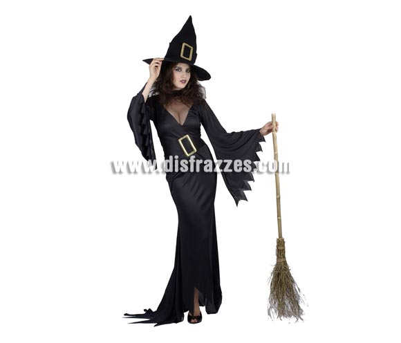 Disfraz de Bruja Negro vestido largo de adulta para Halloween. Talla estándar M-L = 38/42. Incluye sombrero y vestido con cinturón. Escoba NO incluida, podrás verla en la sección de Complementos. Éste disfraz de Halloween es ideal para celebrar la Fiesta de la Noche de las Brujas cada vez más arraigada en nuestro País en Pubs, Discotecas, Casas particulares,  Restaurantes o Colegios y ayudar a crear un ambiente terrorífico y tenebroso indispensable para la Noche de Halloween la cual se celebra la víspera de Todos los Santos.
¡¡Compra tu disfraz para Halloween en nuestra tienda de disfraces, será divertido!!