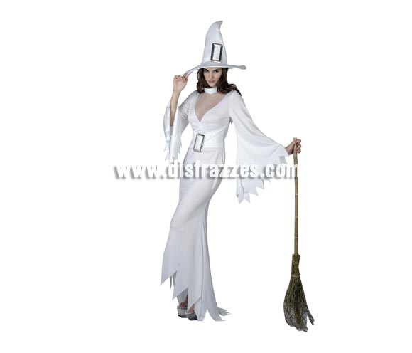 Disfraz de Bruja Blanca vestido largo adulta para Halloween. Talla estándar 38/42. Incluye sombrero y vestido con cinturón. Escoba NO incluida, podrás verla en la sección de Complementos. Éste disfraz de Halloween es ideal para celebrar la Fiesta de la Noche de las Brujas cada vez más arraigada en nuestro País en Pubs, Discotecas, Casas particulares,  Restaurantes o Colegios y ayudar a crear un ambiente terrorífico y tenebroso indispensable para la Noche de Halloween la cual se celebra la víspera de Todos los Santos.
¡¡Compra tu disfraz para Halloween en nuestra tienda de disfraces, será divertido!!