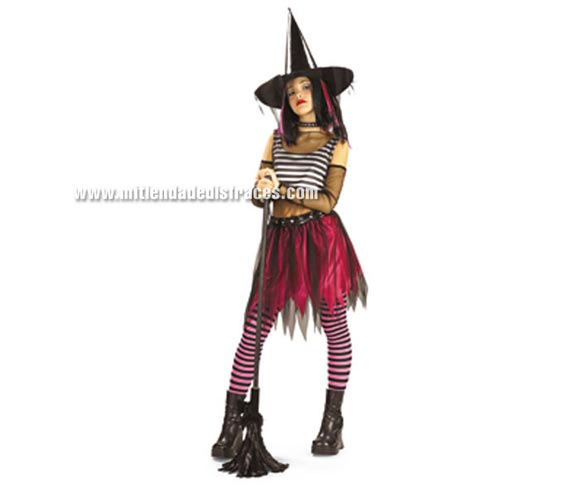 Disfraz de Bruja Trendy Moderna. Talla única adolescente o Talla S mujer. Incluye blusa, falda, sombrero, gargantilla y glovetes. Escoba NO incluida, podrás verla en la sección de Halloween, Complementos y Decoración.