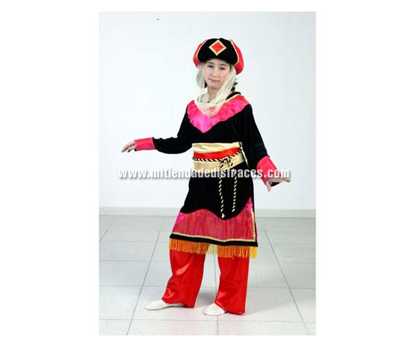 Disfraz de Princesa Árabe Económico talla de 7 a 9 años. Incluye turbante, vestido, cinturón, cordón y pantalones. Disfraz de Paje Real niña para Navidad.